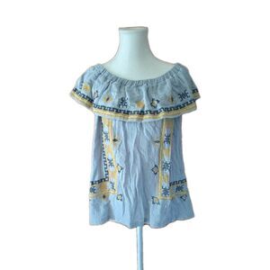 Easel Bluish Gray Off the Shoulder Top Yellow, Navy and White Embroidery Sz M